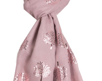 Elegant DUSKY PINK Mulberry Tree Scarf with Gold Metallic Foil Print Classy Ritzy Scarves Wrap Shawl Ideal Gift