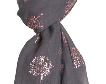 Elegant GREY Mulberry Tree Scarf with PINK Metallic Foil Print Classy Ritzy Scarves Wrap Shawl Ideal Gift