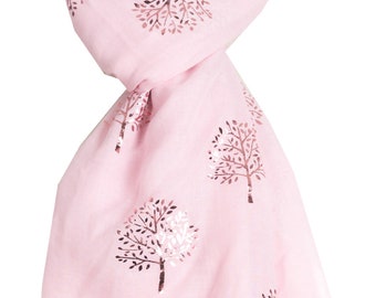 Elegant BABY PINK Mulberry Tree Scarf with Rose Gold Metallic Foil Print Classy Ritzy Scarves Wrap Shawl Ideal Gift