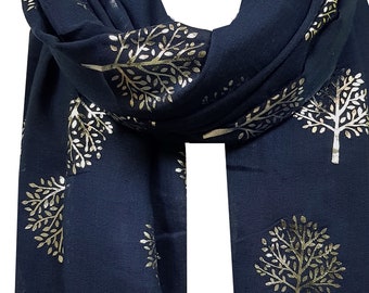 Elegant NAVY Mulberry Tree Scarf with SILVER Metallic Foil Print Classy Ritzy Scarves Wrap Shawl Ideal Gift