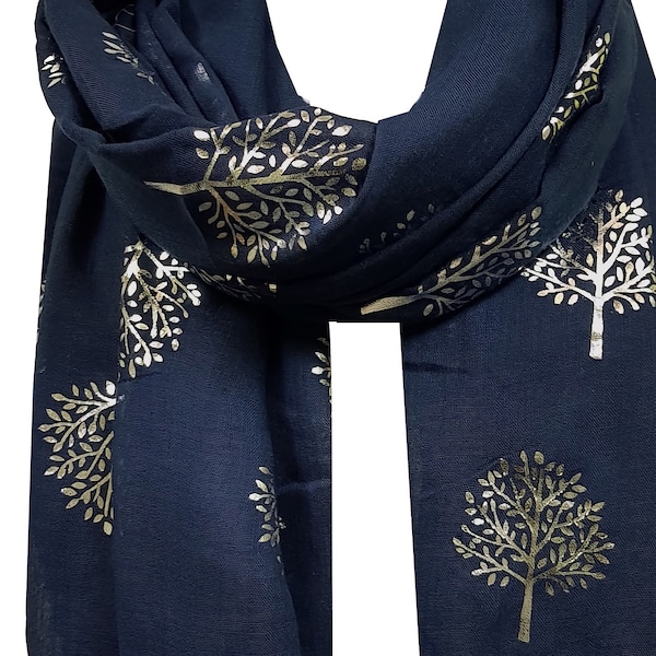 Elegant NAVY Mulberry Tree Scarf with SILVER Metallic Foil Print Classy Ritzy Scarves Wrap Shawl Ideal Gift