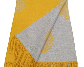 Thick Reversible Mulberry Design Winter Scarf Wrap Blanket Shawl Warm Soft Cosy - MUSTARD / SILVER