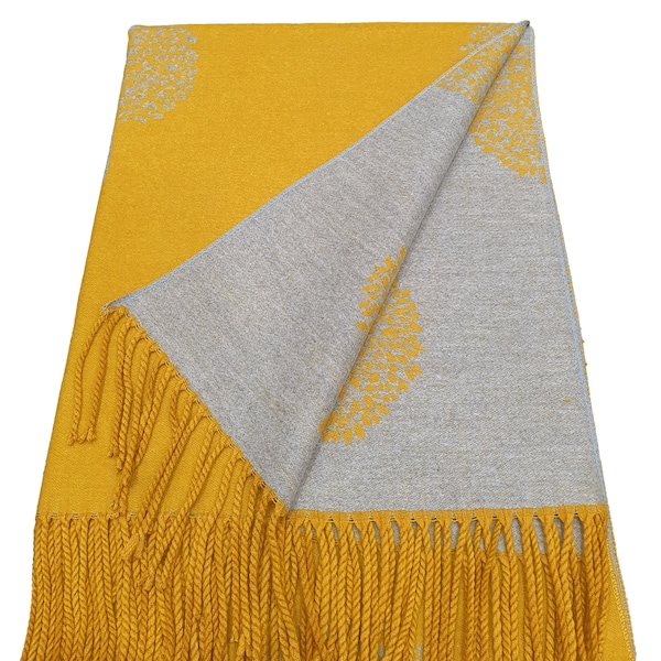 Thick Reversible Mulberry Design Winter Scarf Wrap Blanket Shawl Warm Soft Cosy - MUSTARD / SILVER