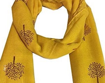 Elegant MUSTARD Mulberry Tree Scarf with PINK Metallic Foil Print Classy Ritzy Scarves Wrap Shawl Ideal Gift