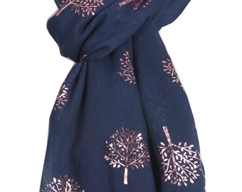 Elegant NAVY Mulberry Tree Scarf with PINK Metallic Foil Print Classy Ritzy Scarves Wrap Shawl Ideal Gift