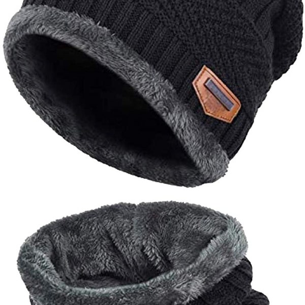 Winter Set Unisex Men Women Knitted Fleece Beanie Hat and Loop Circle Scarf Snood Set Fleece Lined Skull Cap Warm Soft and Comfortable