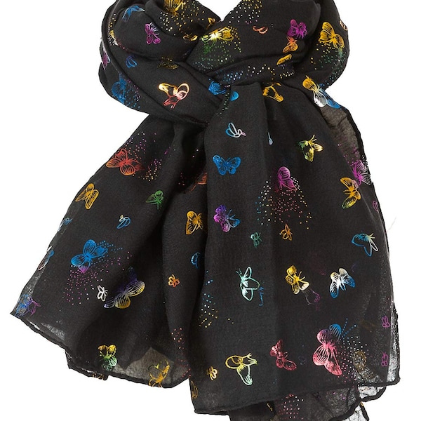 New Multi Colour Glitter Butterfly Print Ladies Celebrity Style Scarves Maxi, Scarf, Wrap, Sarong, shawls