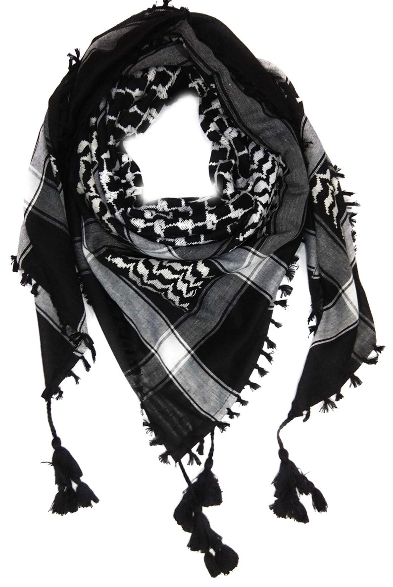 Scarf Military Shemagh Desert Palestinian Arafat Tactical Desert Keffiyeh Head Neck Cotton Arab Wrap with Tassel Black & White