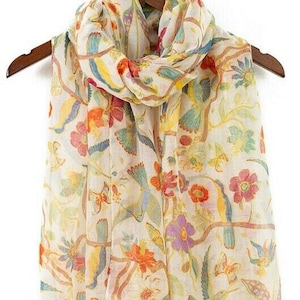 Ladies Women's Fashion New Birds Print Long Scarves Floral Neck Scarf Shawl Wrap Cream