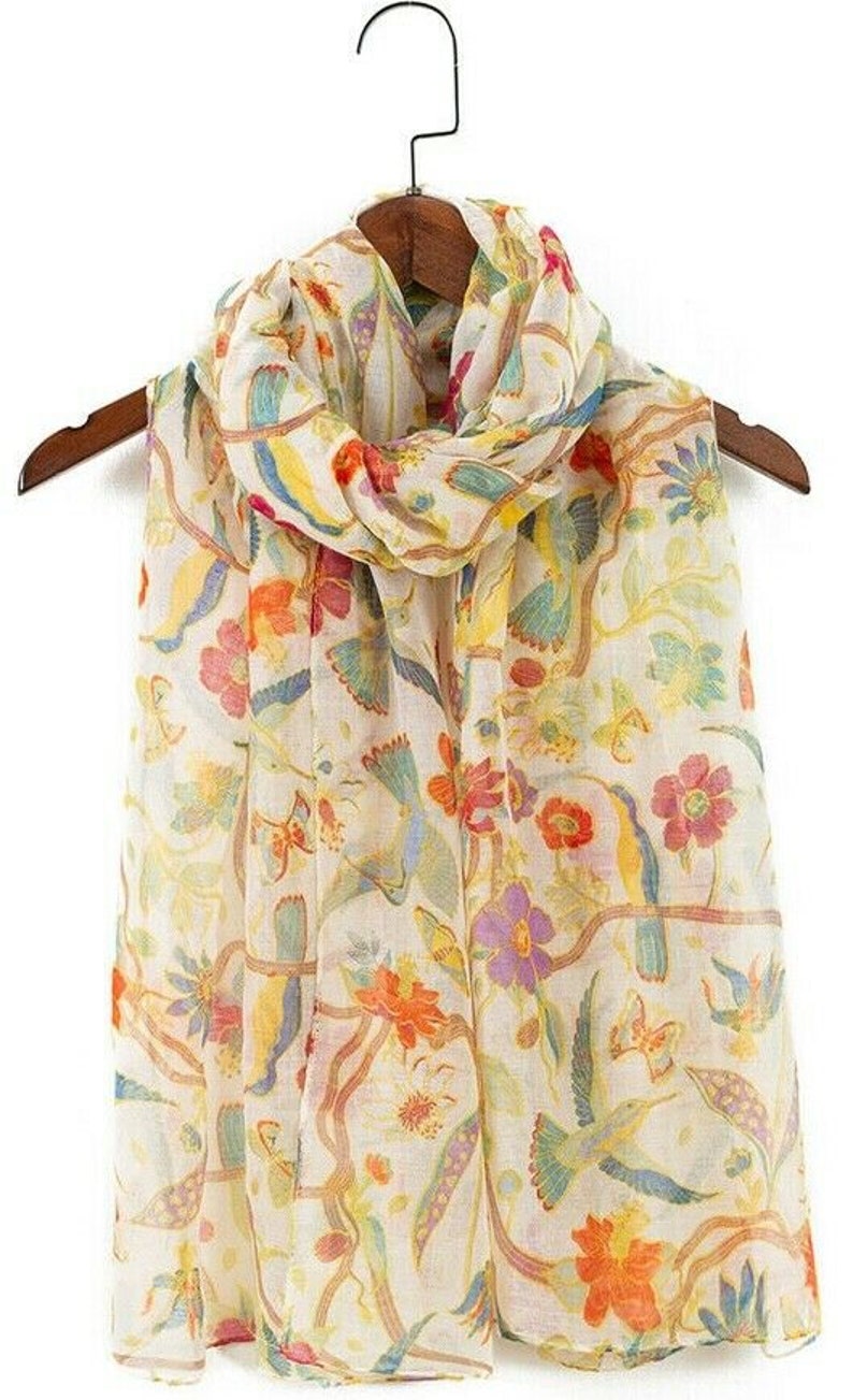 Ladies Women's Fashion New Birds Print Long Scarves Floral Neck Scarf Shawl Wrap Cream