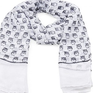 Écharpe longue imprimée hibou pour femmes, foulards de cou, cadeaux d'hiver, de noël White Owl