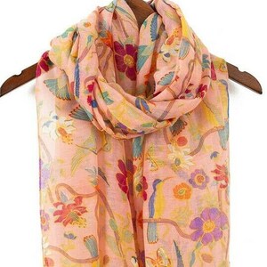 Ladies Women's Fashion New Birds Print Long Scarves Floral Neck Scarf Shawl Wrap Peach