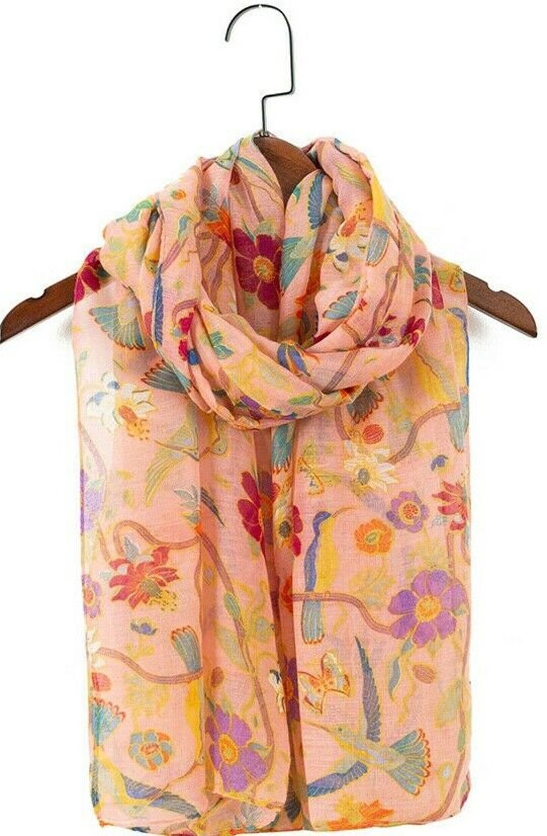 Ladies Women's Fashion New Birds Print Long Scarves Floral Neck Scarf Shawl Wrap Peach