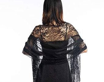 Wedding Evening Party Women Girls Floral Lace Scarf Shawl with Tassels, Soft Mesh Fringe Wraps