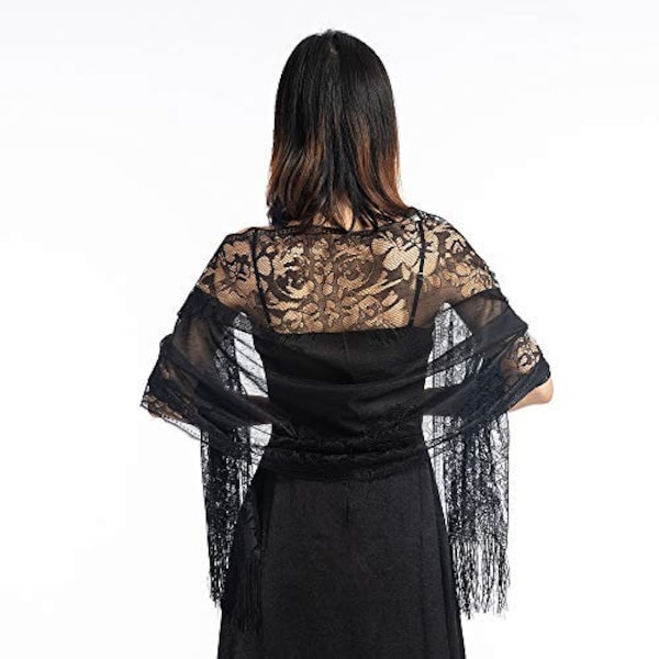 Wedding Evening Party Women Girls Floral Lace Scarf Shawl with Tassels, Soft Mesh Fringe Wraps