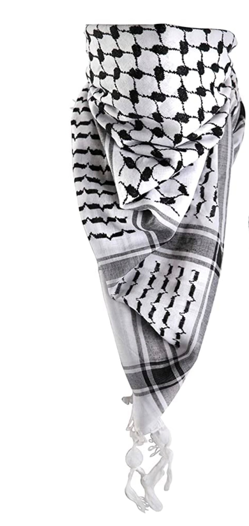 Scarf Military Shemagh Desert Palestinian Arafat Tactical Desert Keffiyeh Head Neck Cotton Arab Wrap with Tassel White & Black