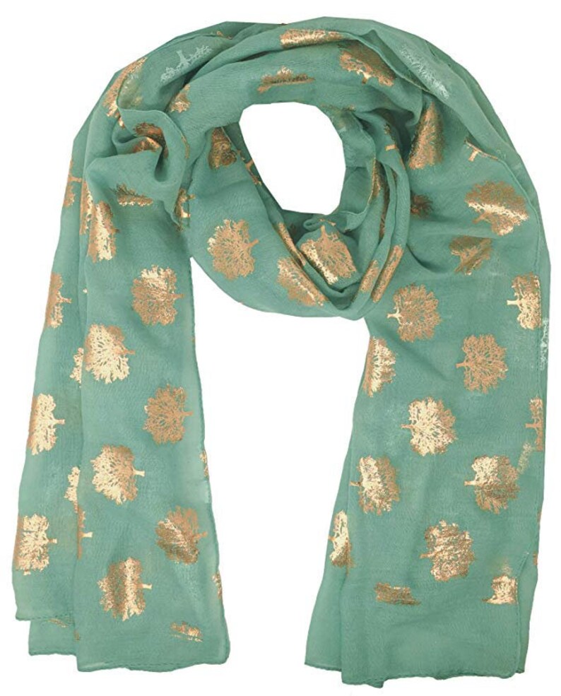 Tree of Life SAGE GREEN Mulberry Tree Scarf with GOLD Metallic Foil Classy Ritzy Scarf Wrap Shawl Ideal Gift image 1