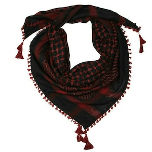 Scarf Military Shemagh Desert Palestinian Arafat Tactical Desert Keffiyeh Head Neck Cotton Arab Wrap with Tassel Maroon/black