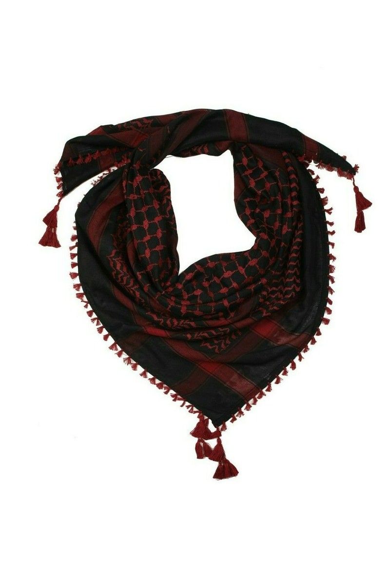 Scarf Military Shemagh Desert Palestinian Arafat Tactical Desert Keffiyeh Head Neck Cotton Arab Wrap with Tassel Maroon/black