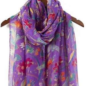 Ladies Women's Fashion New Birds Print Long Scarves Floral Neck Scarf Shawl Wrap Purple