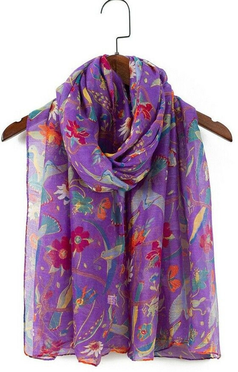 Ladies Women's Fashion New Birds Print Long Scarves Floral Neck Scarf Shawl Wrap Purple