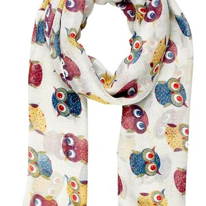 Ladies Owl Print Long Scarf Neck Scarves Winter Gifts Christmas Baby Owl Ivory/White