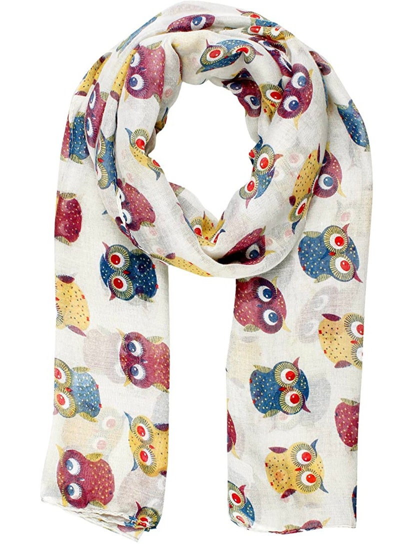 Ladies Owl Print Long Scarf Neck Scarves Winter Gifts Christmas Baby Owl Ivory/White