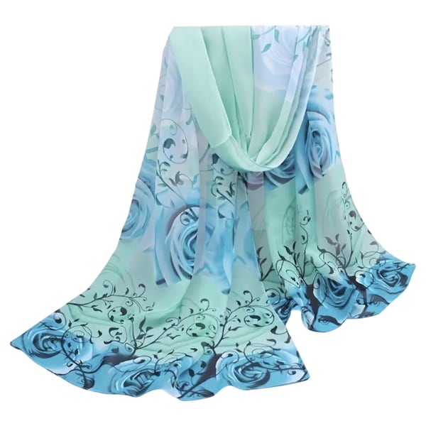 Extra Large Mint and Blue Color Flower Print Large Silk Shawl Scarf Wraps