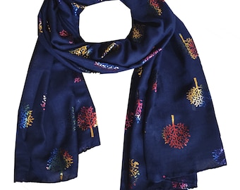 Elegant Navy Blue Mulberry Tree Scarf with Multi Colour Rainbow Metallic Foil Print Classy Ritzy Scarves Wrap Shawl Ideal Gift