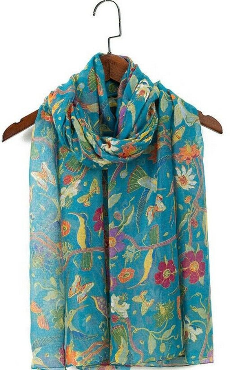 Ladies Women's Fashion New Birds Print Long Scarves Floral Neck Scarf Shawl Wrap Teal