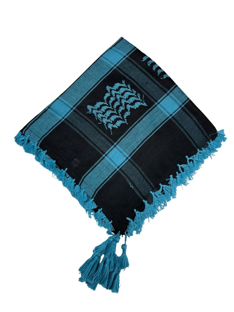 Scarf Military Shemagh Desert Palestinian Arafat Tactical Desert Keffiyeh Head Neck Cotton Arab Wrap with Tassel Turquoise/black