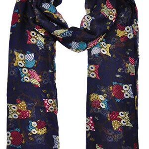 Écharpe longue imprimée hibou pour femmes, foulards de cou, cadeaux d'hiver, de noël Navy Blue