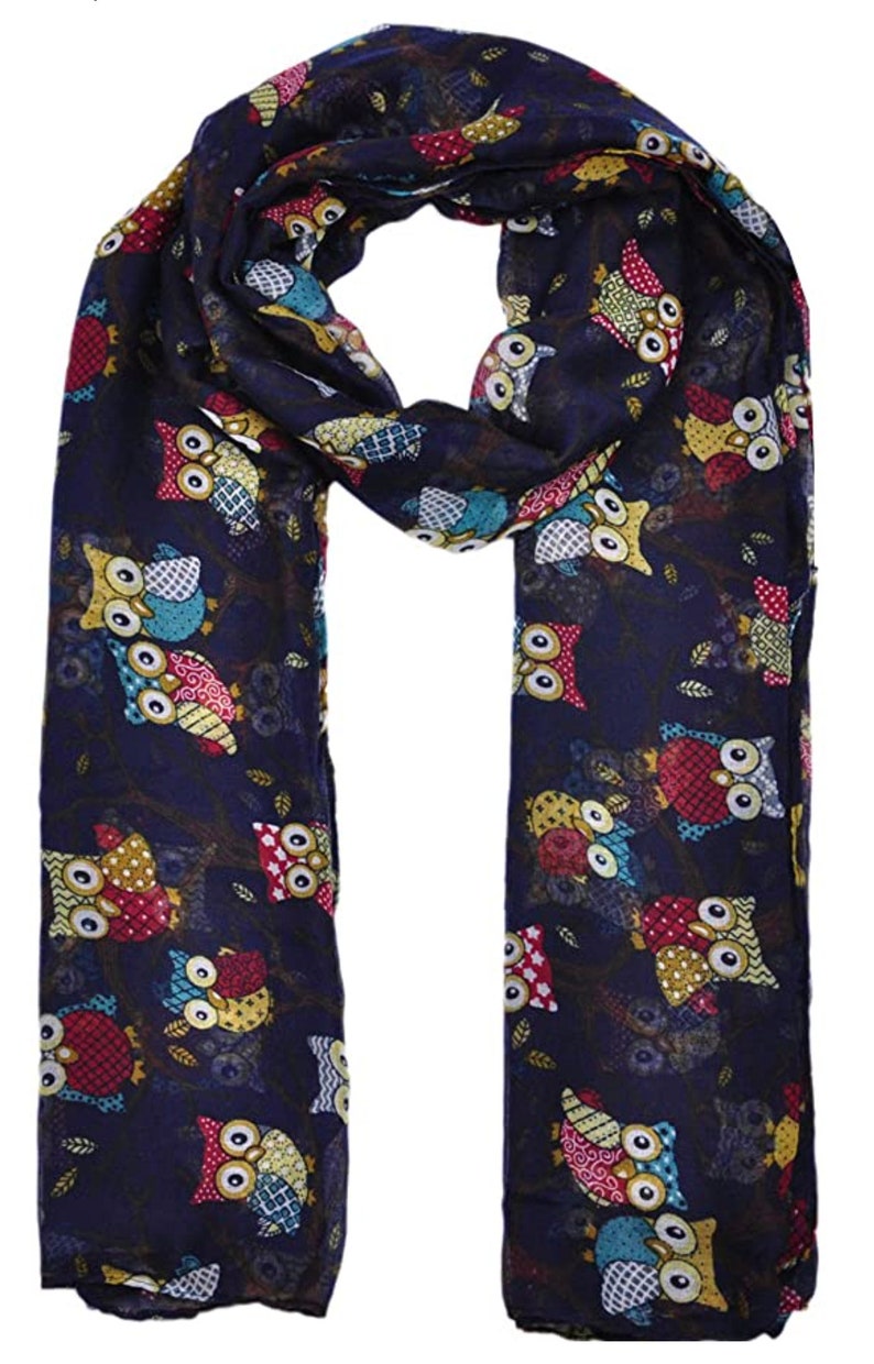 Écharpe longue imprimée hibou pour femmes, foulards de cou, cadeaux d'hiver, de noël Navy Blue