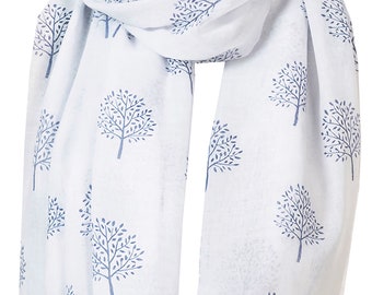 Mulberry Tree Print Scarf Shawl Wrap Soft Warm - WHITE and BLUE