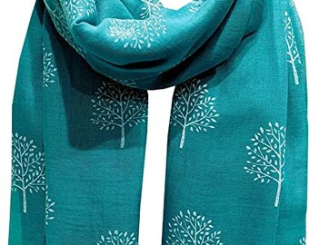 Teal Green Mulberry Tree Print Scarf Women Fashion Large Wrap