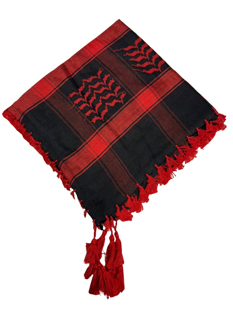 Scarf Military Shemagh Desert Palestinian Arafat Tactical Desert Keffiyeh Head Neck Cotton Arab Wrap with Tassel Red & Black