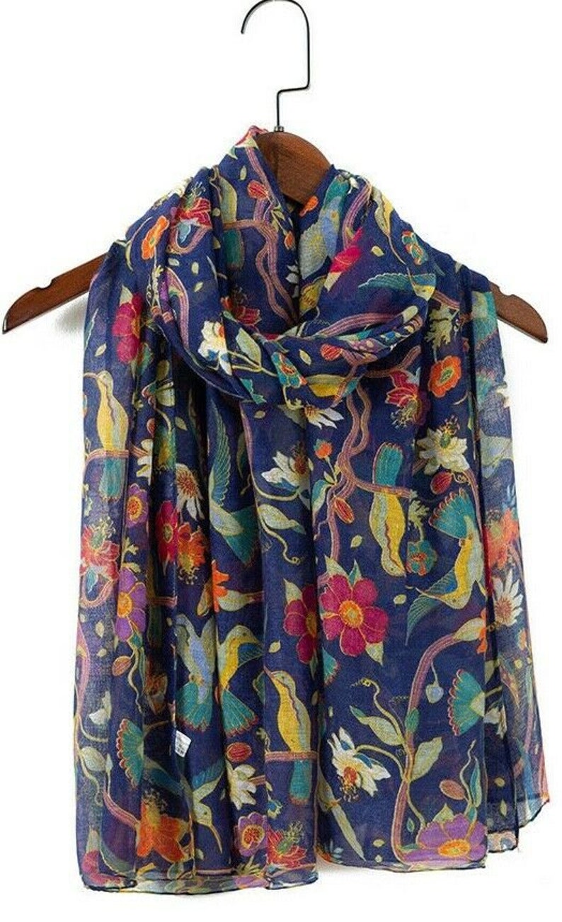 Damen Damenmode Neue Vögel Druck Lange Schals Floral Hals Schal Schal Wrap Navy Blue