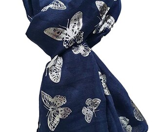 Silver Foil Butterfly Print Ladies Celebrity Style Scarves Maxi, Scarf, Wrap, Sarong, shawls Gift