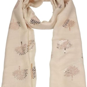 Elegant Cream Mulberry Tree Scarf with Rose Gold Metallic Foil Print Classy Ritzy Scarves Wrap Shawl Ideal Gift