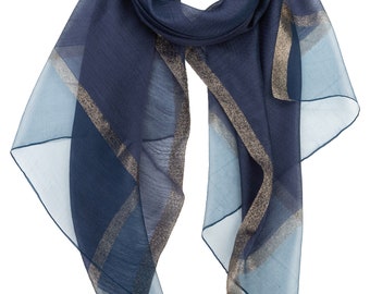 Sheer Classy Elegant Scarf Wrap Ideal for Party Event Occasion Gift - Navy Blue / Gold