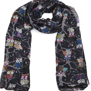 Écharpe longue imprimée hibou pour femmes, foulards de cou, cadeaux d'hiver, de noël New Black Owl
