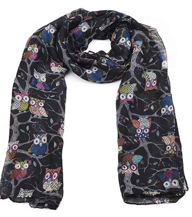 Écharpe longue imprimée hibou pour femmes, foulards de cou, cadeaux d'hiver, de noël New Black Owl