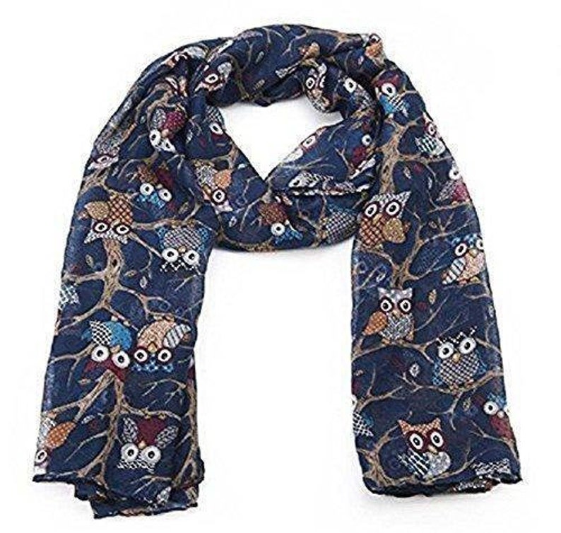 Écharpe longue imprimée hibou pour femmes, foulards de cou, cadeaux d'hiver, de noël Winter Owl Navy Blue