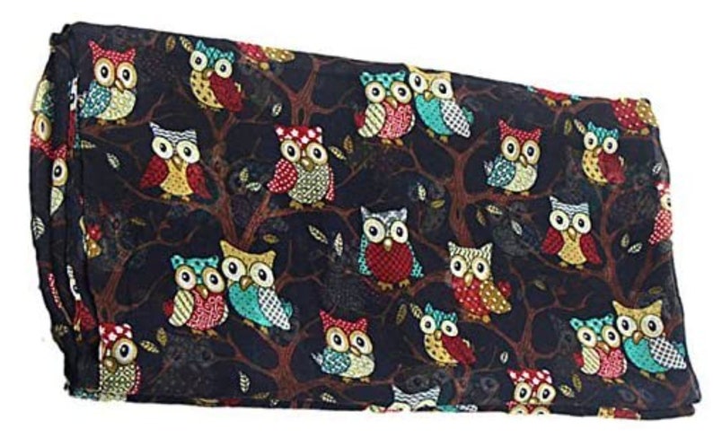 Ladies Owl Print Long Scarf Neck Scarves Winter Gifts Christmas Black