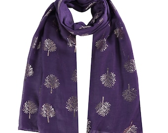 Purple Mulberry Tree Scarf with Rose Gold Foil Print Classy Ritzy Scarves Wrap Shawl Ideal Gift Ladies Girls