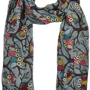 Ladies Owl Print Long Scarf Neck Scarves Winter Gifts Christmas Silver