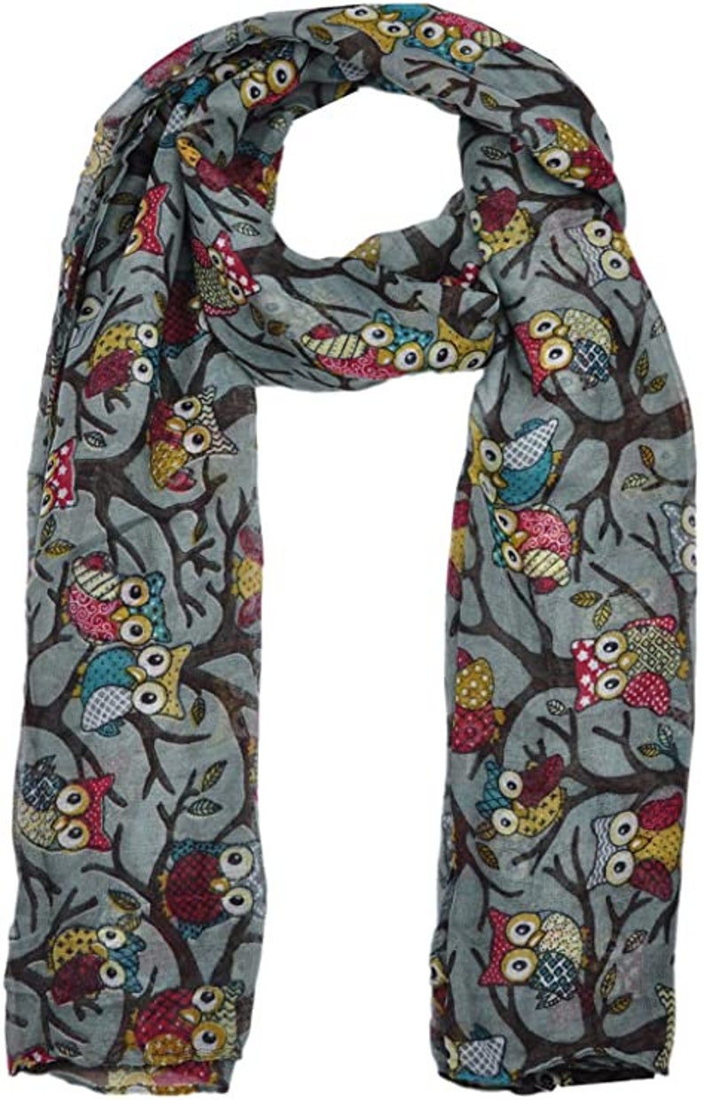 Ladies Owl Print Long Scarf Neck Scarves Winter Gifts Christmas Silver