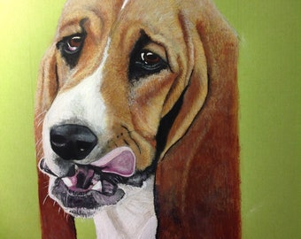 May include: Painting of a brown and white dog with its tongue sticking out. The dog has brown eyes and a long, floppy ear. The background is a light green.
