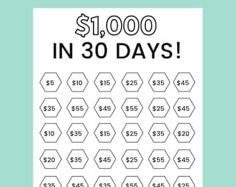 Money Saving Challenge Printable | Save 1000 in 30 Days! | Savings Tracker | Savings Planner