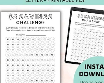 Money Saving Challenge Printable | 5 Dollar Savings Challenge | Savings Tracker | Savings Planner